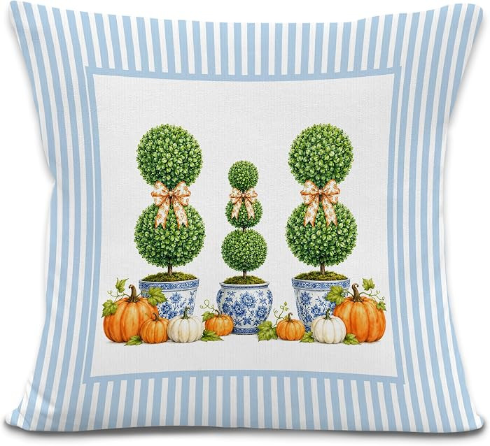 Blue Striped Chinoiserie Fall Pumpkin Pillow Covers 18x18 inches     Blue Grandmillennial Fall Th... | Amazon (US)