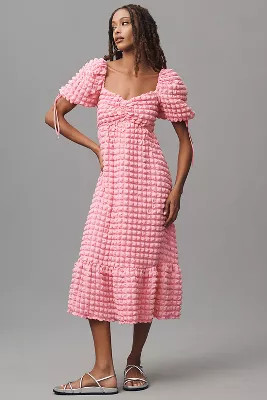 Endless Rose Puff-Sleeve Sweetheart Textured Midi Dress | Anthropologie (US)