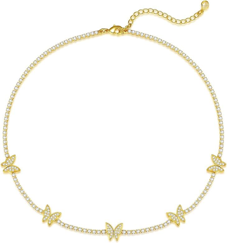 Luxval Tennis Necklace 14K Gold Plated Rhinestone Butterfly Choker Necklaces for women Dainty Zir... | Amazon (US)