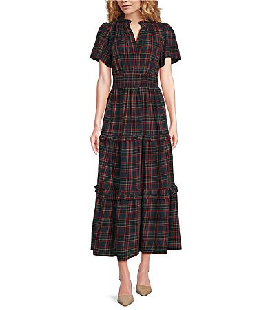 Sugarlips Miley Poplin Plaid Print Split V-Neck Short Sleeve Maxi Dress - M | Dillard's
