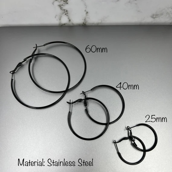 Black large hoop earrings, big black hoops 25mm - 40mm - 60mm Large Hoop Set | Etsy (US)