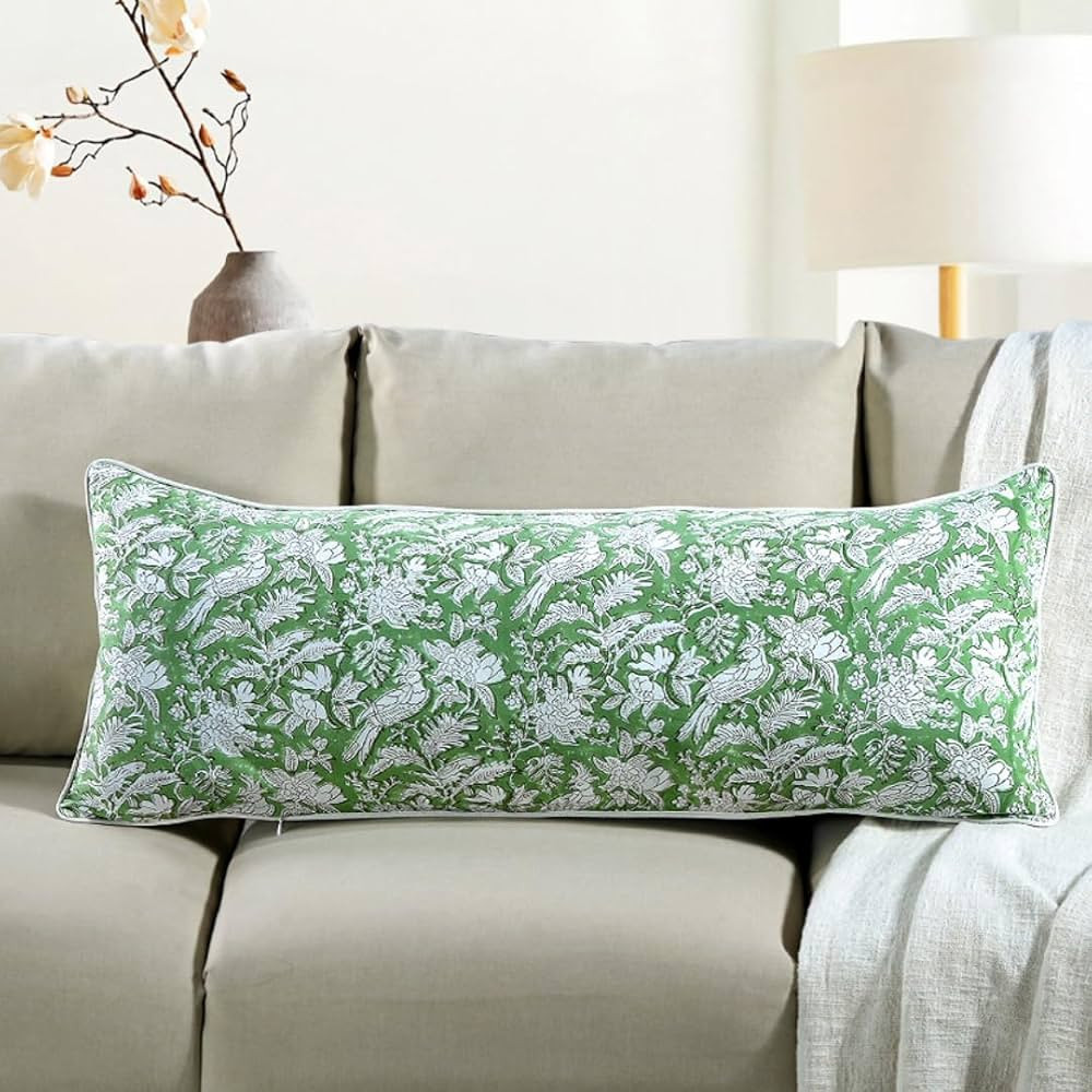 CPC Olive Green 100% Cotton Block Print Sham Cover 14x36 inch, Handmade Boho Floral Pillowcase, F... | Amazon (US)