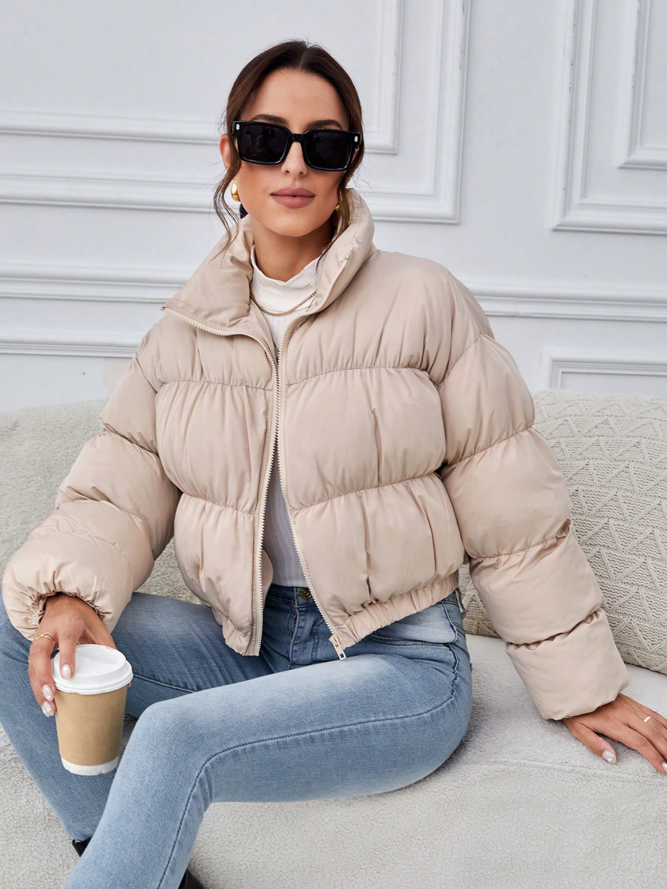 SHEIN Tall Solid Zip Up Puffer Coat | SHEIN