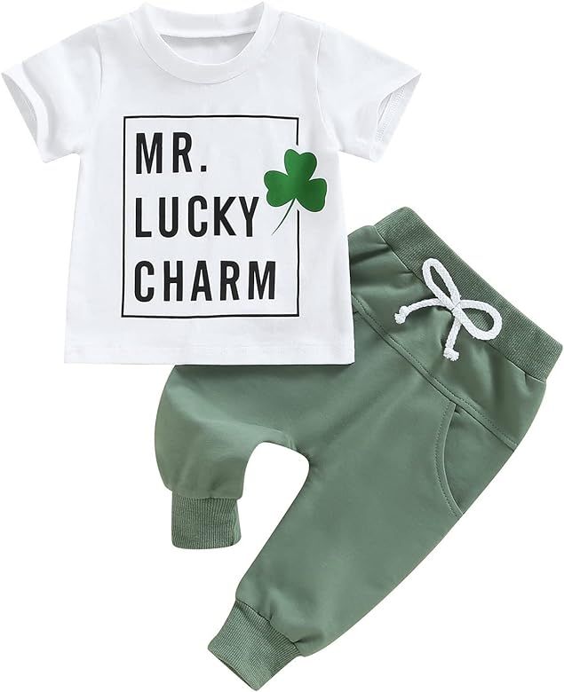 St. Patricks Day Baby Boy Outfit Short Sleeve Lucky Charm T-Shirt Tops Green Long Pants 2Pcs Summ... | Amazon (US)