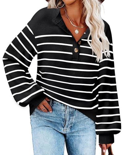 Youtalia: 2024 Fall Fashion Trends Women: Blue Striped Sweater - Ladies Sweaters for Fall - Cozy Sweaters for Women, XL, Black | Amazon (US)