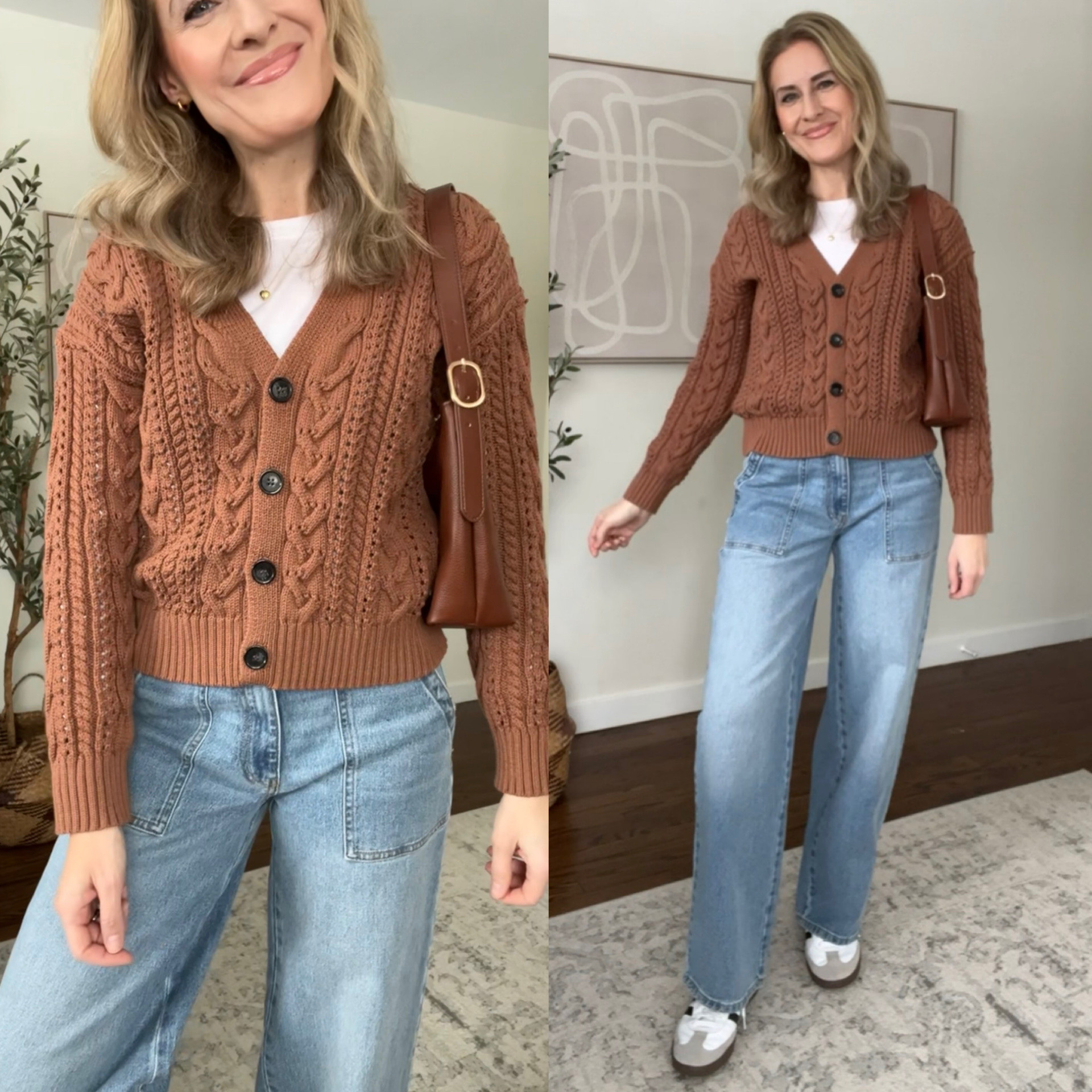 Walmart cable knit cardigan, wearing my usual size small. Medium would work too. Trouser jeans are nice and tall girl friendly. I’m 5’8” wearing my usual size 6. #walmartfashion 

#LTKOver40