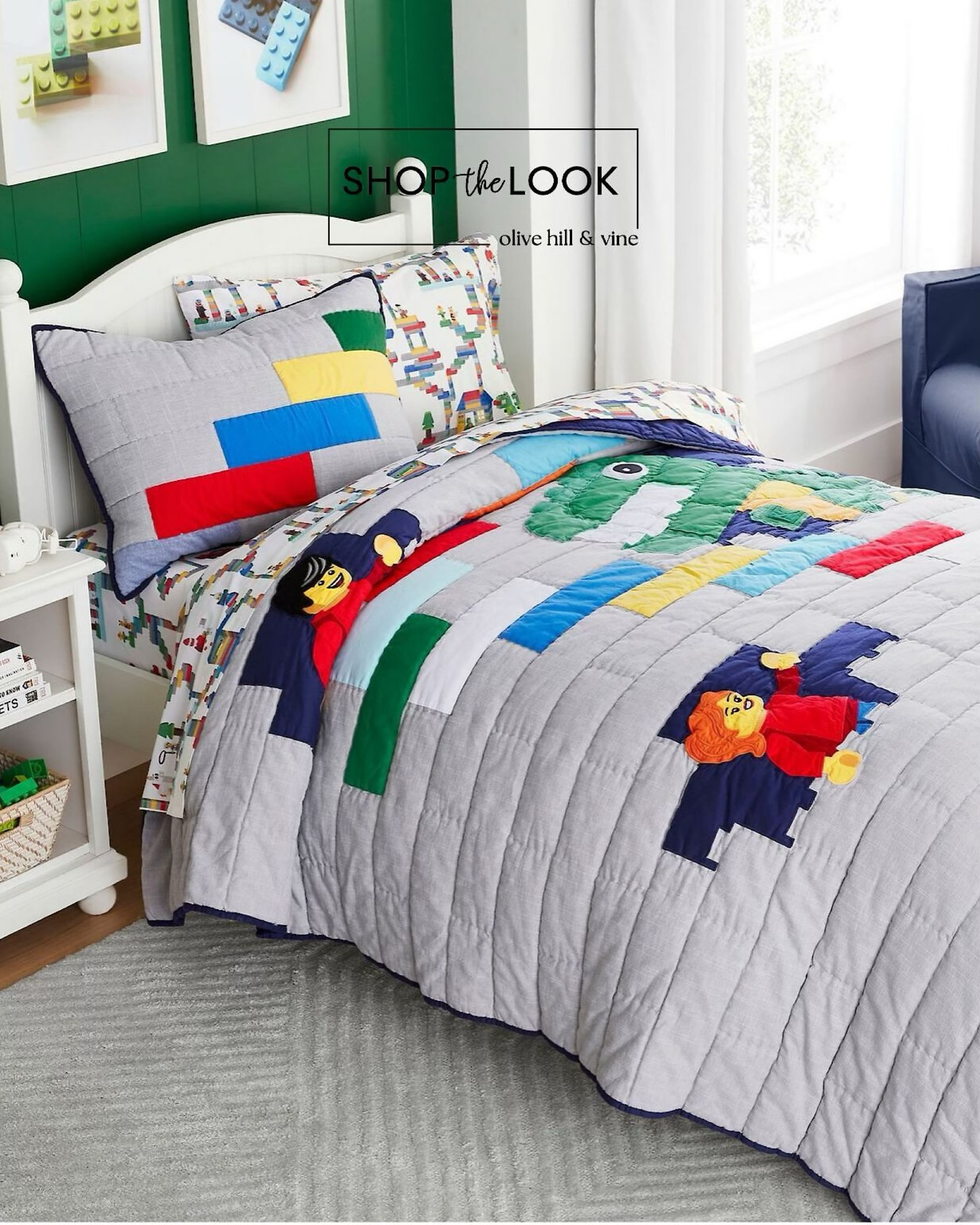 Bring your child's imagination to life with this LEGO-inspired bedroom! The vibrant sheet, quilt, and shams set pairs perfectly with clean white furniture featuring bun feet and beadboard details. A cozy gray rug grounds the space, while a personalized twill chair adds a fun, unique touch. 

#LTKHome #LTKFamily #LTKKids