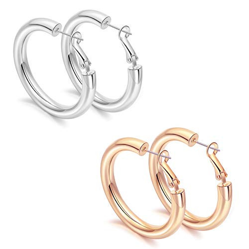 sovesi Chunky Silver Tone and Rose Thick Hoops Earrings Set 40mm | Amazon (US)