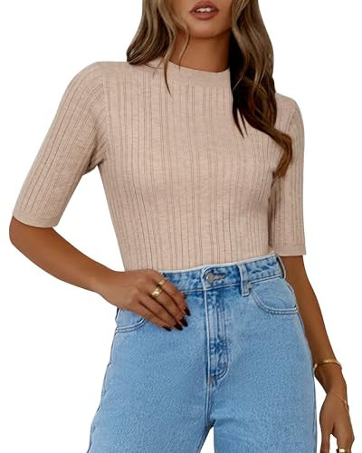 OUGES Womens 2024 Summer Short Sleeve Turtleneck Shirt Cable Knit Mock Sweater Lightweight Slim Fit Tops(Beige,M) | Amazon (US)