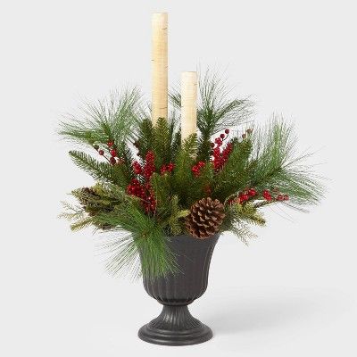 34in Frosted Porch Décor with Berries, Pinecones, and Birch Branch in Plastic Urn - Wondershop... | Target