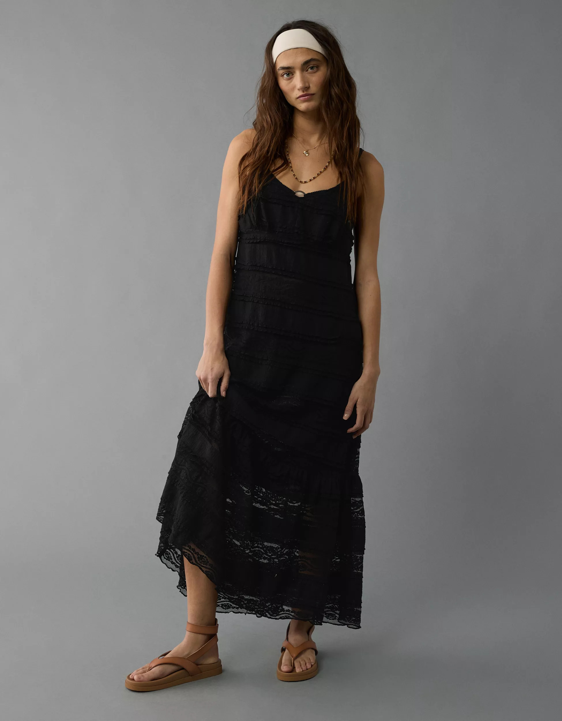 AE Lace V-Neck Tiered Midi Dress | American Eagle Outfitters (US & CA)