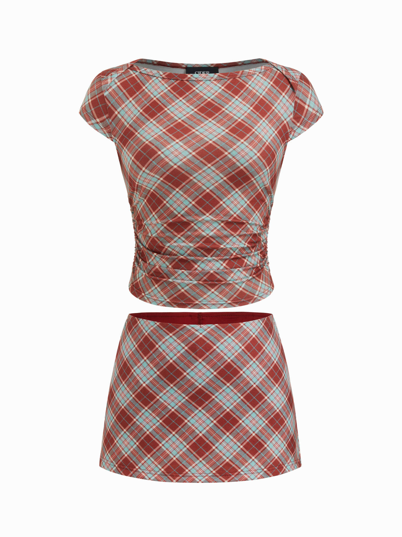 Knit Fabric Cotton-blend Boat Neck Polka Dot Ruched Tee & Mini Skort For Daily Casual | Cider