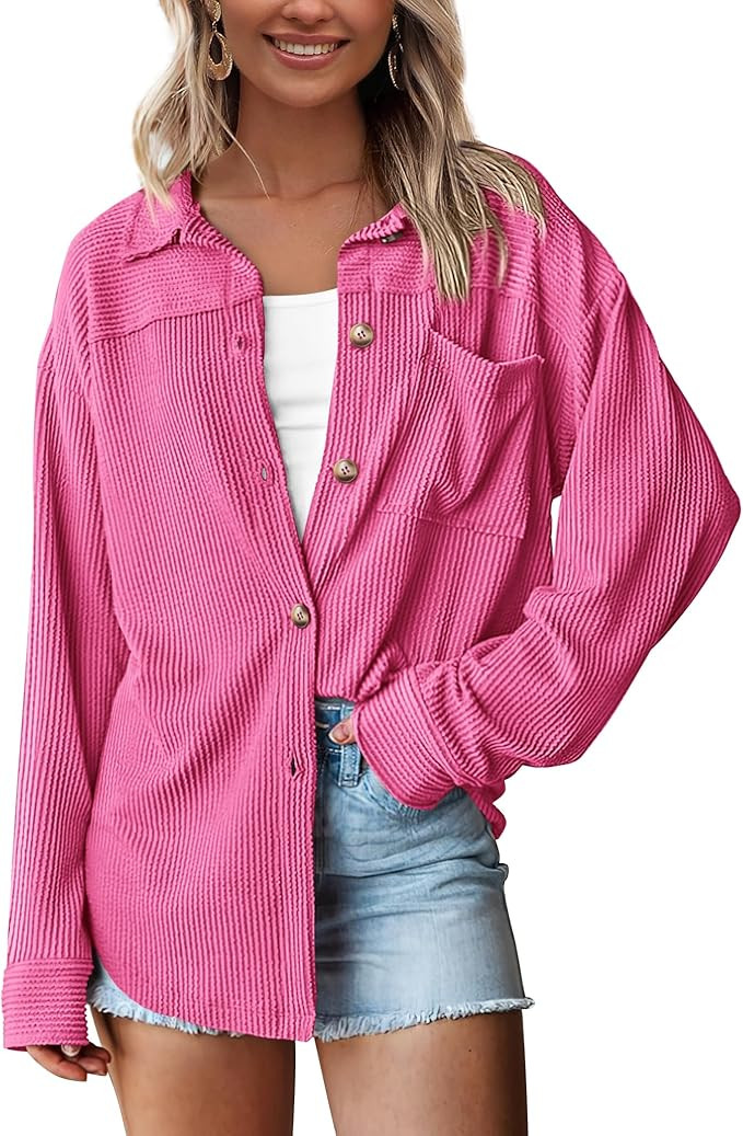 PRETTYGARDEN Women's Button Down Shirts 2025 Fall Long Sleeve Textured Stripe Tops Oversized Shac... | Amazon (US)