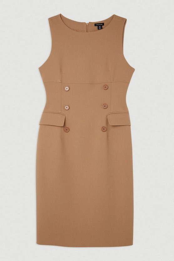 The Founder Compact Stretch Button Detail Woven Midi Dress | Karen Millen US