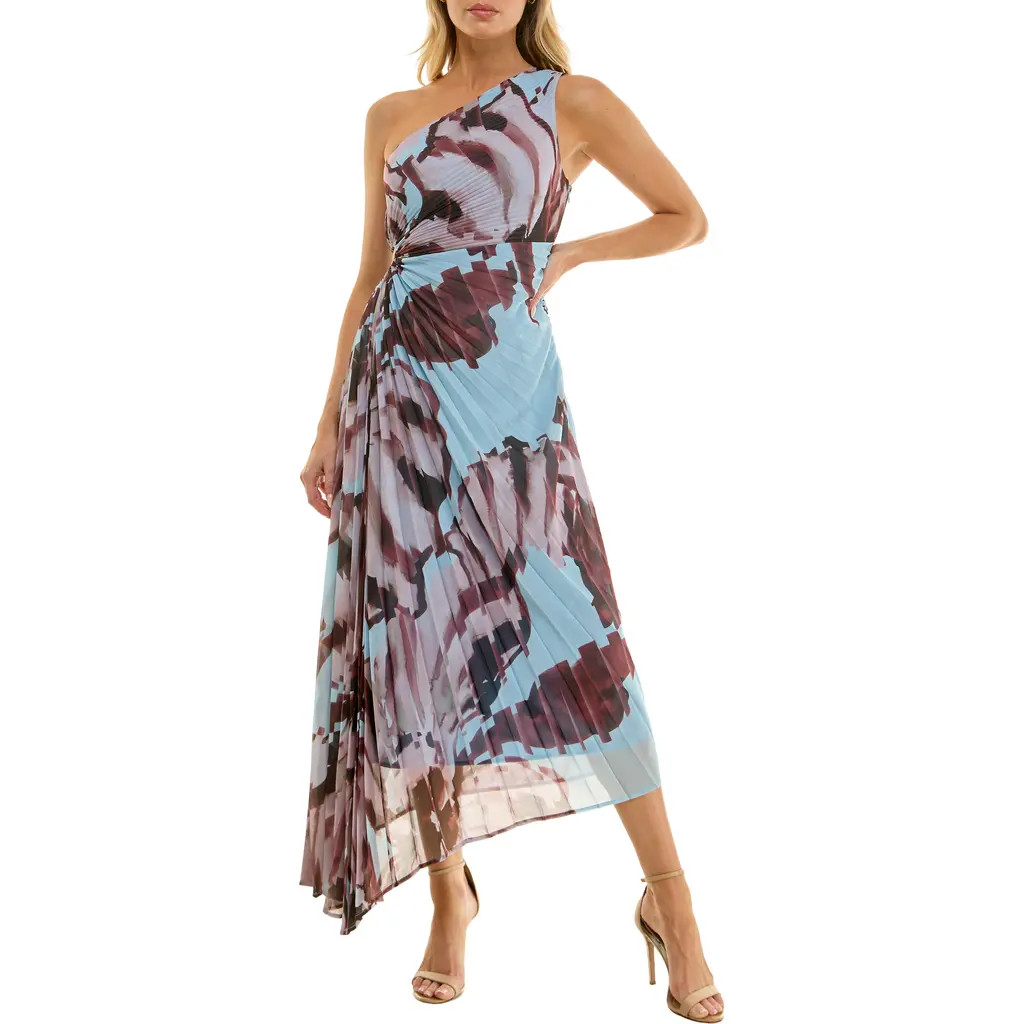 Socialite Floral Metallic Stripe One-Shoulder Pleated Dress in Blue/Brown at Nordstrom Rack, Size Small | Nordstrom Rack