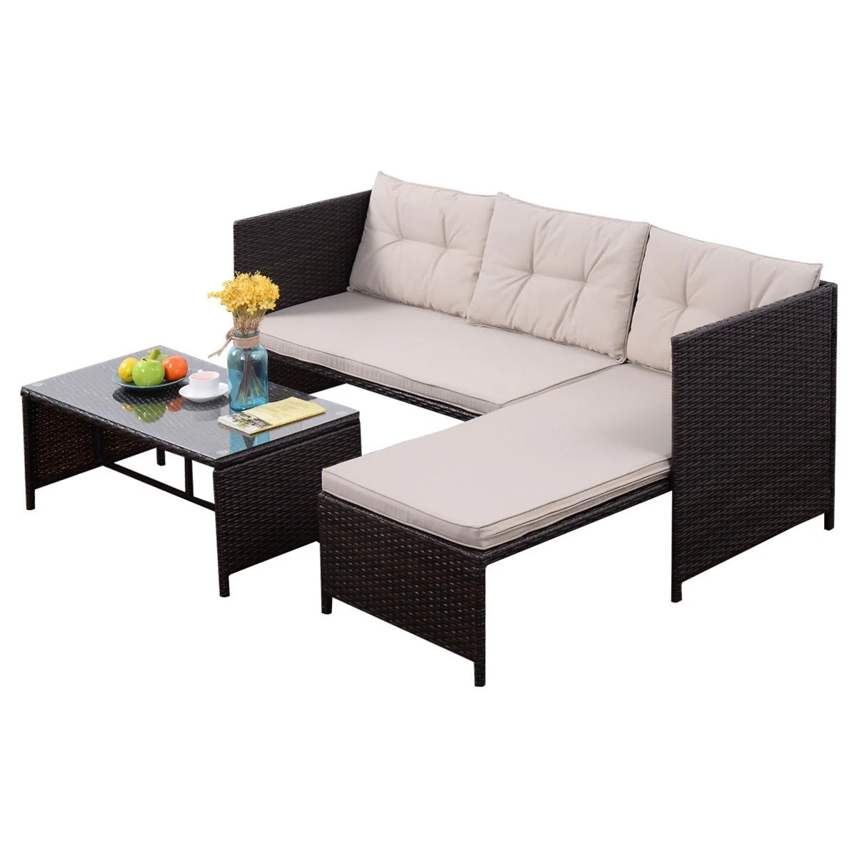 Goplus 3 PCS Outdoor Rattan Furniture Sofa Set Lounge Chaise Cushioned Patio Garden | Walmart (US)