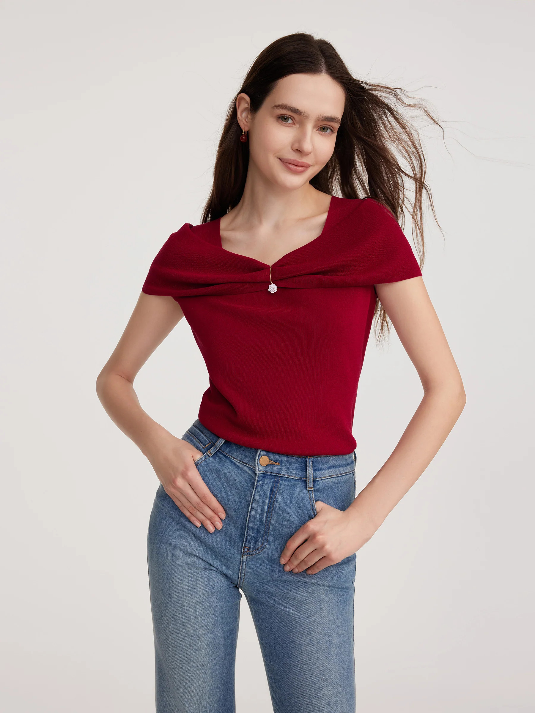 Lyocell Blend Off Shoulder Women Knit Top With Detachable Magnetic Flower | GOELIA