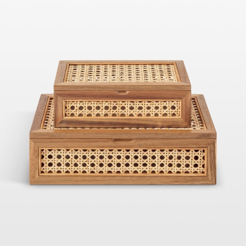 NeatMethod Cane and Wood Decorative Boxes with Lids, Set of 2 | Crate & Barrel | Crate & Barrel