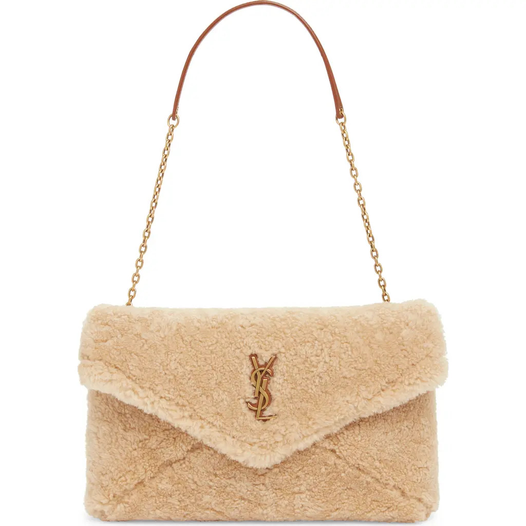 Saint Laurent Cassandre Genuine Shearling Shoulder Bag in Naturel/Brick at Nordstrom | Nordstrom