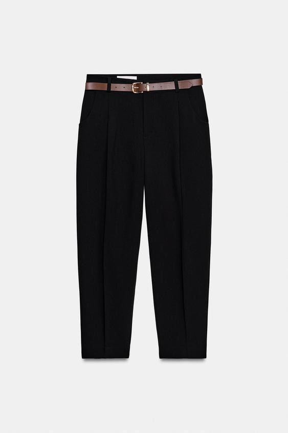 Zara - Cropped Trousers With Belt - Dark Brown - L - Woman | Zara UK
