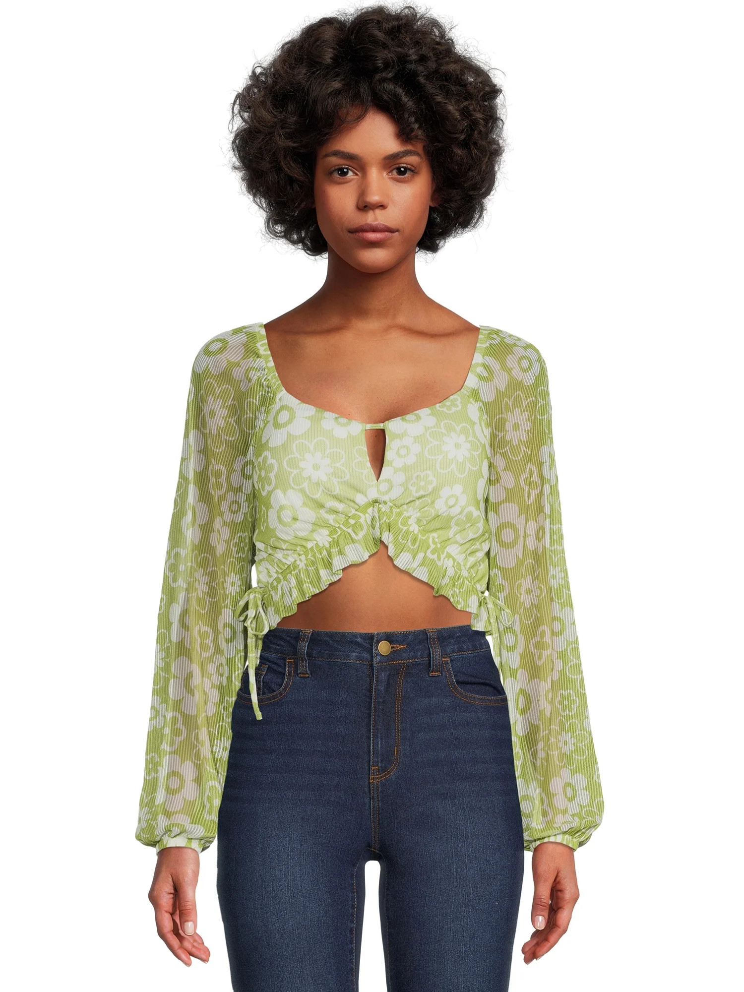 Madden NYC Juniors’ Cropped Keyhole Top with Long Sleeves, Sizes XS-3XL | Walmart (US)