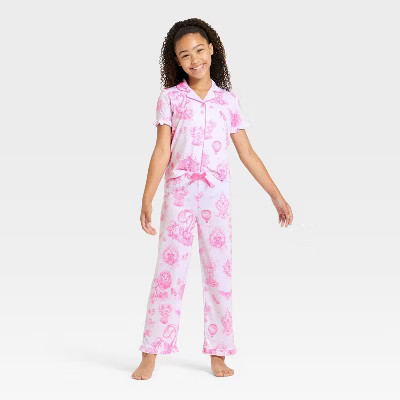 Girls' Wicked x Katie Kime 2pc Short Sleeve Button-Down Shirt and Pants Pajama Set - White M | Target
