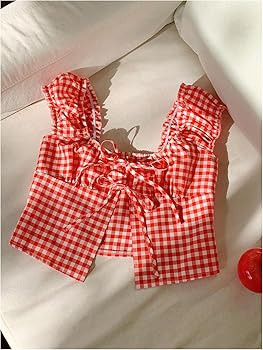 SHENHE Women's Tie Up Split Front Gingham Square Neck Puff Sleeve Plaid Crop Top Blouse | Amazon (US)