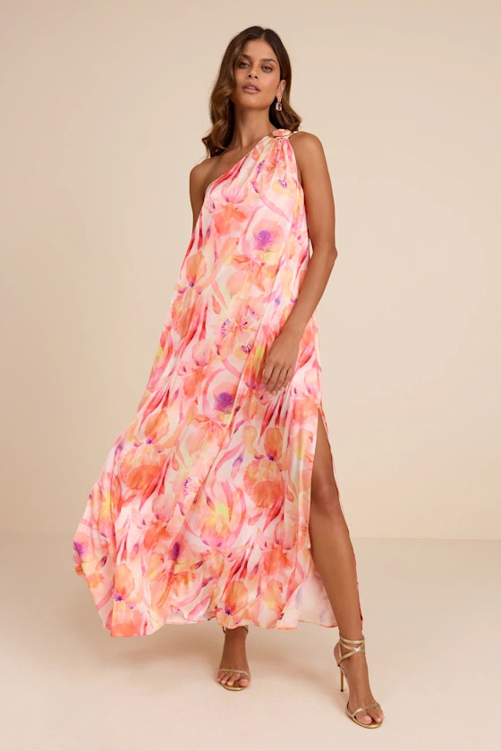 Goddess Aura Orange Multi Floral Satin One-Shoulder Maxi Dress | Lulus