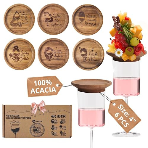 Wine Glass Charcuterie Toppers, Charcuterie Wine Glass Topper, Wine Charcuterie Topper Set – Acacia Wooden Appetizer Plates, Mini Charcuterie Boards Accessories for Wine Glasses, Princess Set - 6 pcs | Amazon (US)