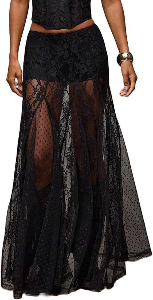 Women Sexy See Through Lace Maxi Skirt Elastic Low Waist Sheer A Line Long Flowy Skirt | Amazon (US)