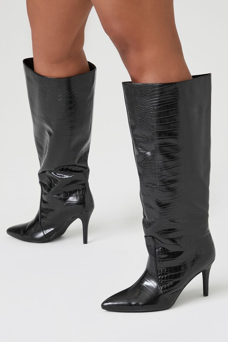 Pointed Faux Croc Stiletto Boots (Wide) | Forever 21 (US)