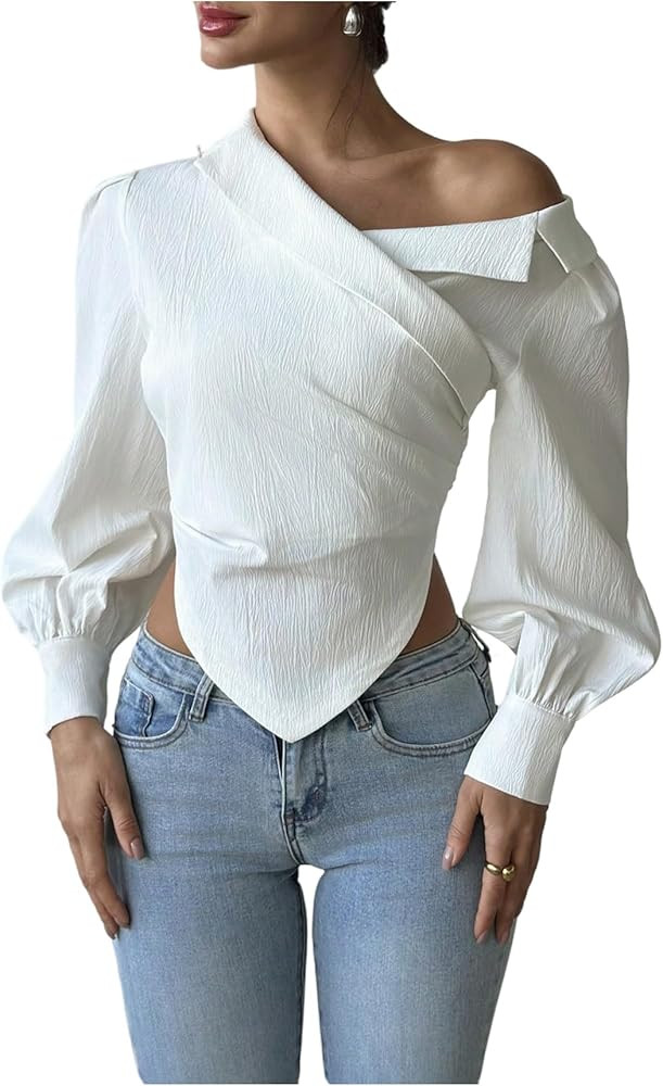 OYOANGLE Women's Bishop Long Sleeve Asymmetrical Neck Blouse Textured Fitted Going Out Tops | Amazon (US)