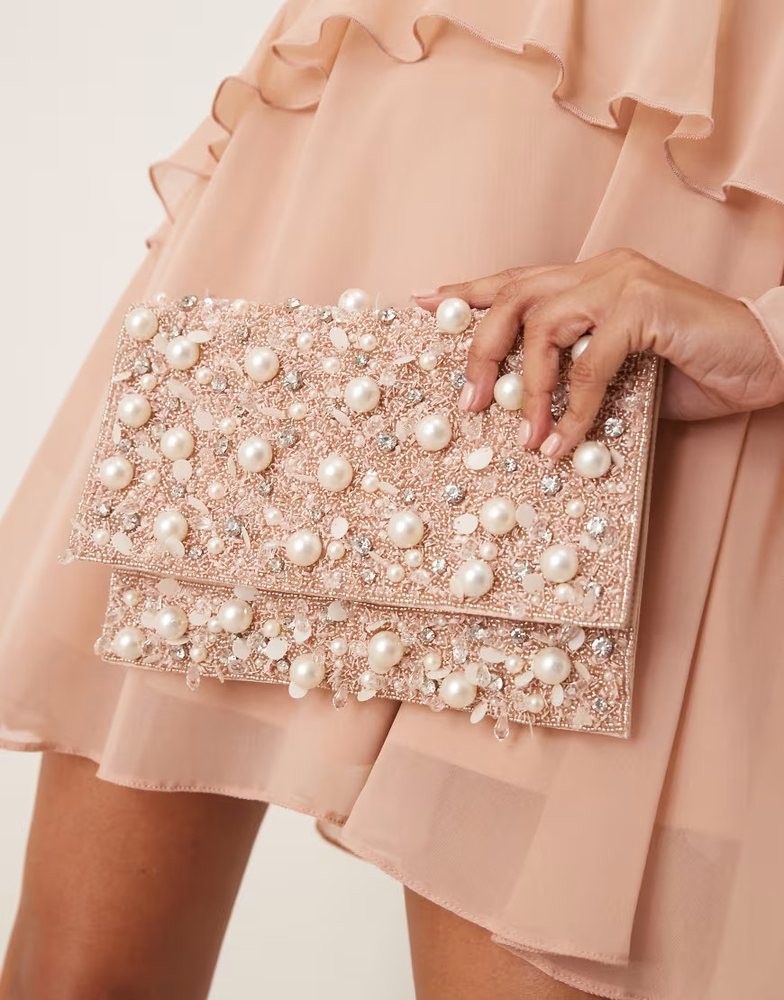 True Decadence all over pearl and sequin embellished envelope clutch bag in white | ASOS (Global)
