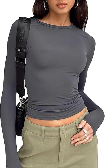 Sfit Langarmshirt Slim Fit Damen Y2K Oberteile Langarm Shirts Rundhals Cropped Tee Einfarbig Basi... | Amazon (DE)