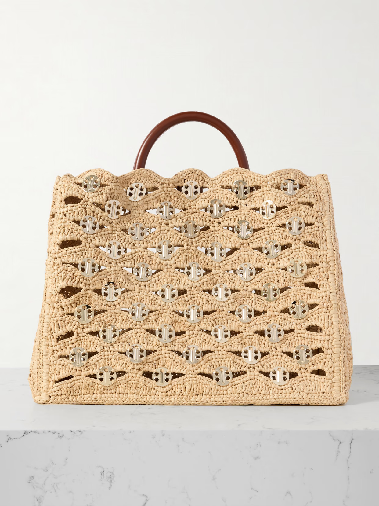 RABANNE - 1969 Leather-trimmed Chainmail-embellished Raffia Tote - Neutrals | NET-A-PORTER (US)