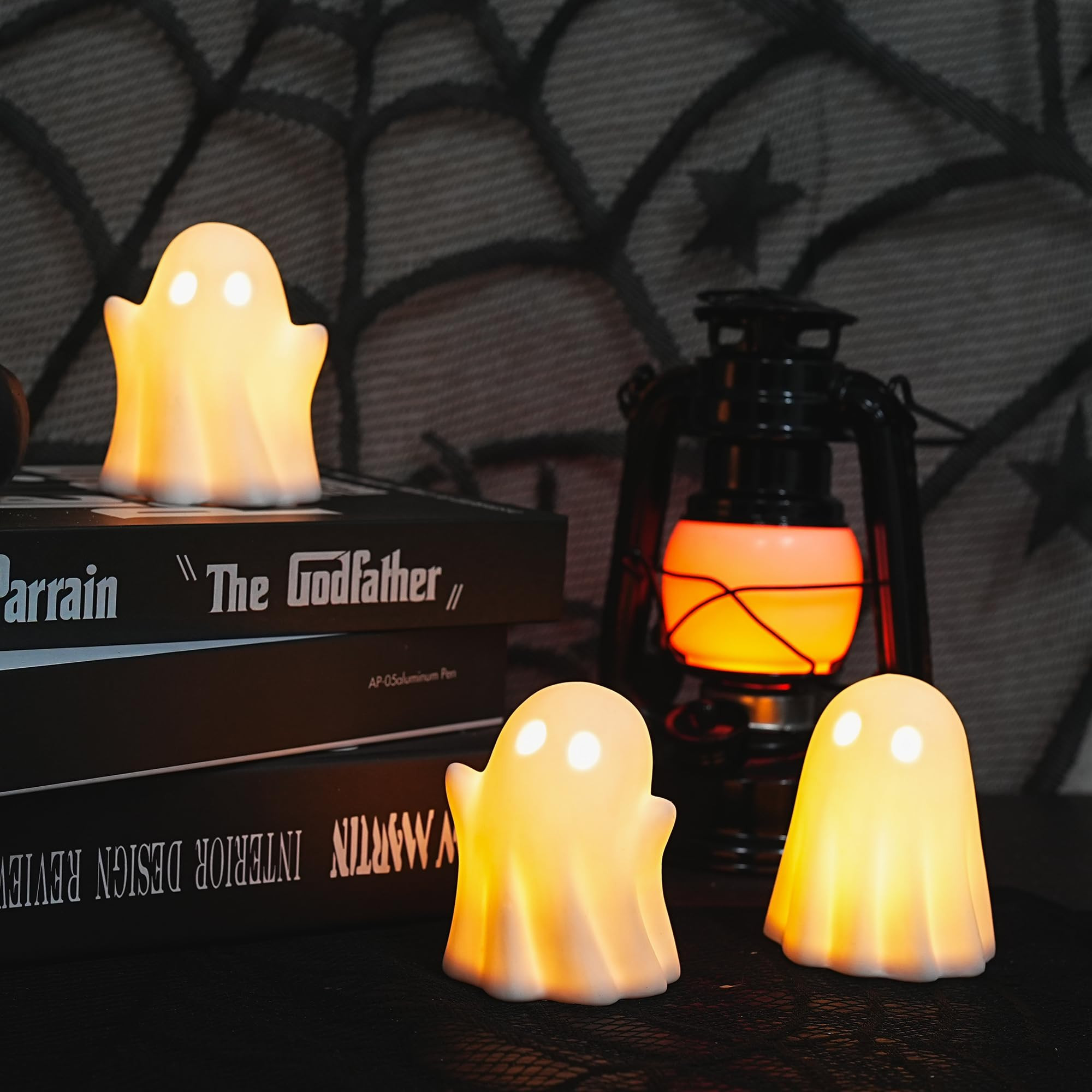 NEROSUN 3 Pack Cute Ghost Light Up Halloween Decor, LED White Ceramic Spooky Flameless Lanterns D... | Amazon (US)