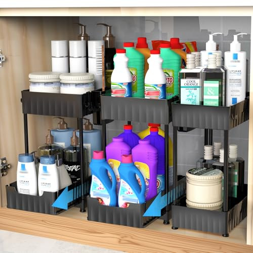 Latoxcaa 3 Pack Under Sink Organizers and Storage, Large Capacity Heavy Load Pull Out Cabinet Organizer with Hooks Hanging Cups, Multi-functional Storage Shelf for Kitchen Bathroom, Black | Amazon (US)