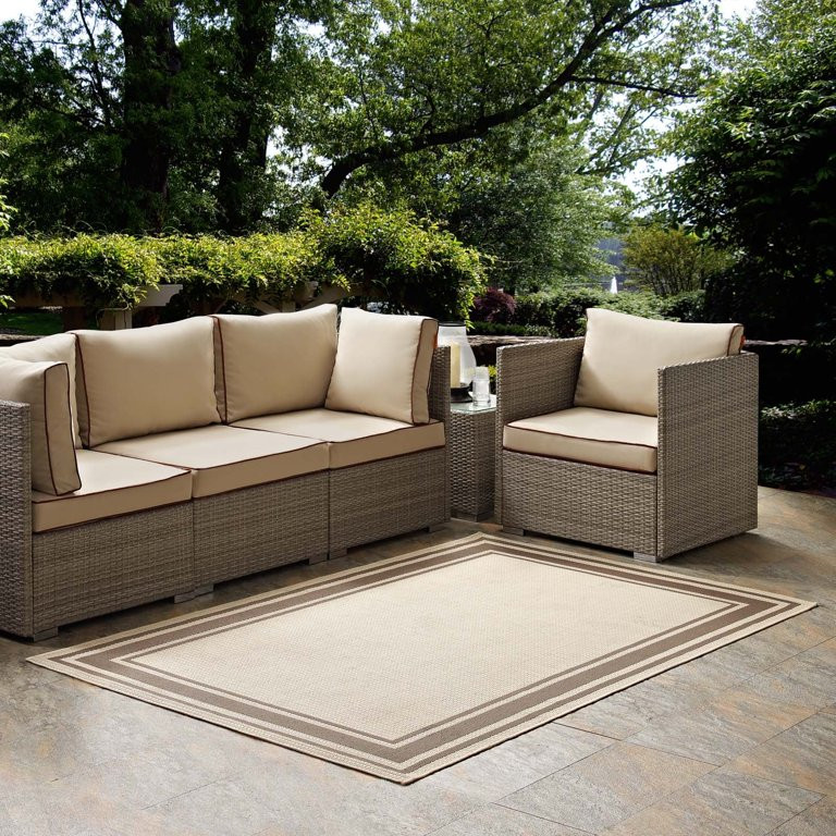 Modway Rim Solid Border Borderline 5x8 Indoor and Outdoor Area Rug in Light and Dark Beige - Walm... | Walmart (US)