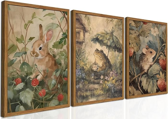 Framed Vintage Cottagecore Wall Art Set of 3, Cute Rabbit Frog Mouse Pictures Wall Decor, Rustic ... | Amazon (US)