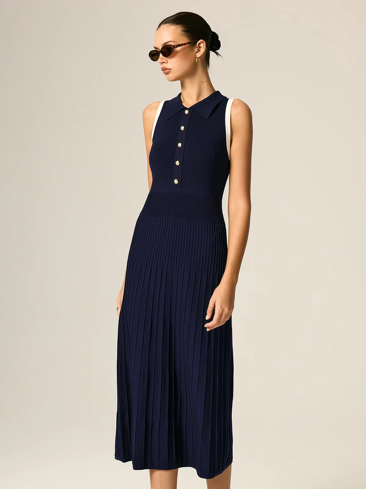 Contrast Trim Polo Ribbed Knit Maxi Dress | Commense