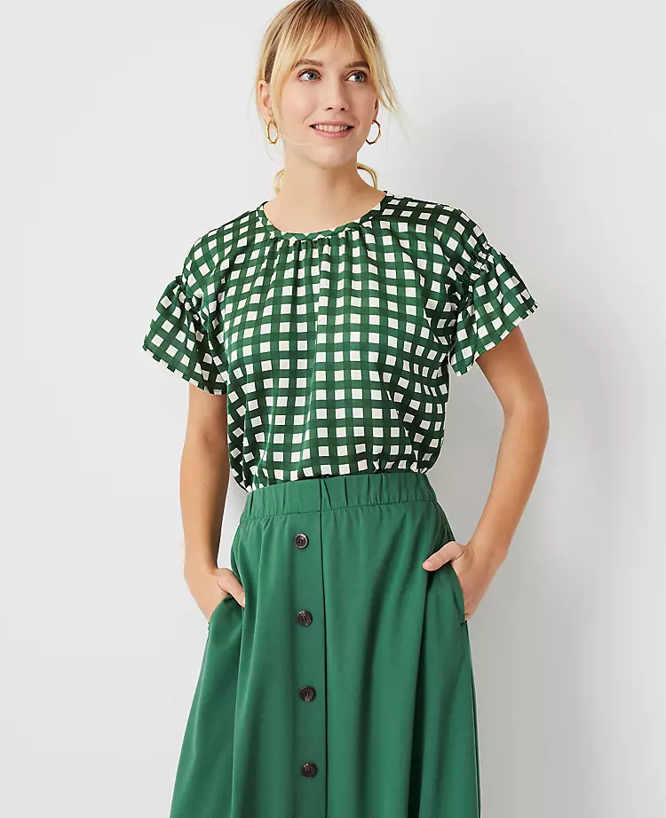 Plaid Flutter Sleeve Top | Ann Taylor | Ann Taylor (US)