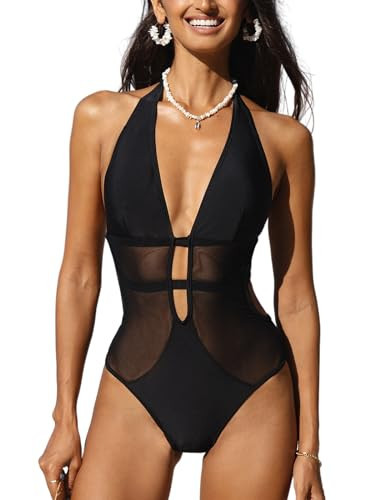 CUPSHE Women's One Piece Swimsuit Bathing Suit Deep V Neck Halter Back Tie Mesh Swimwear M Black | Amazon (US)