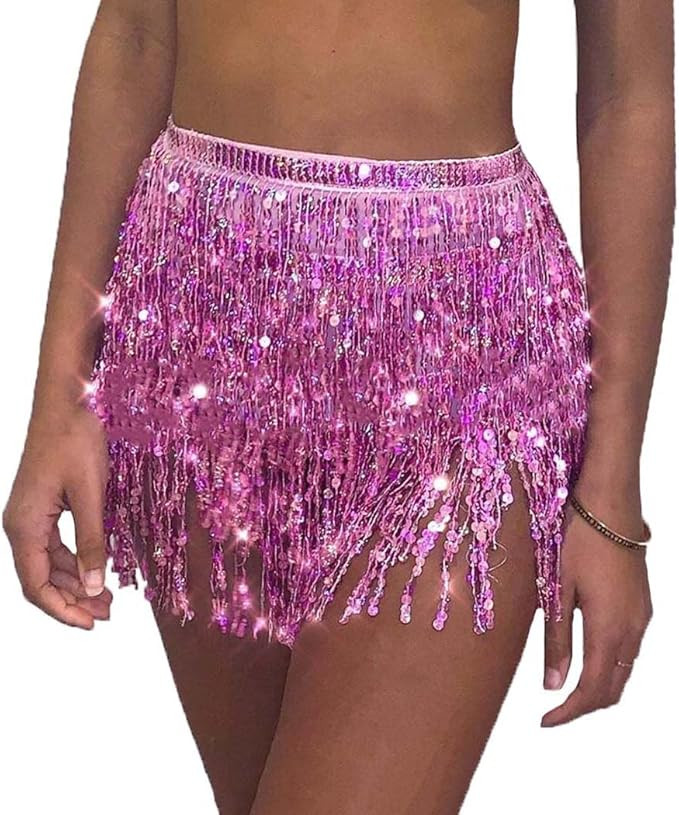 Victray Belly Dance Hip Skirt Tassel Scarf Sequin Wrap Rave Costume for Women | Amazon (US)