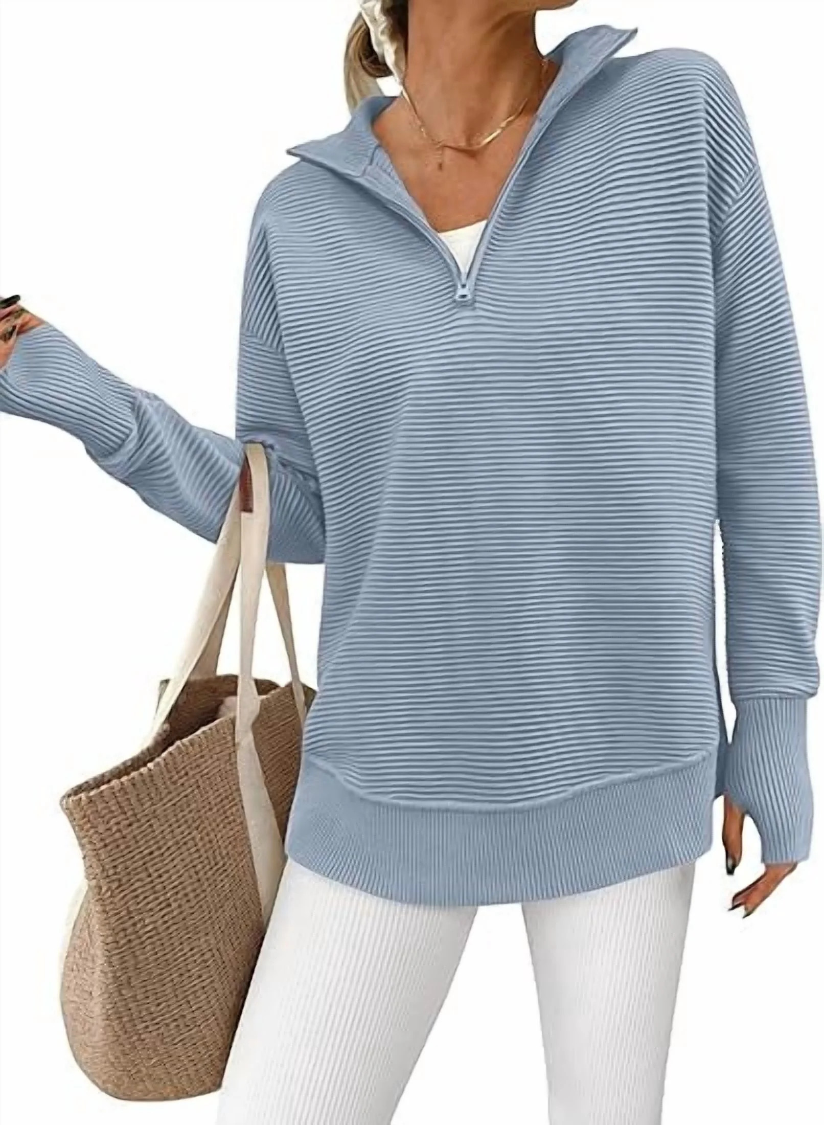 PRETTYGARDEN Womens Long Sleeve Quarter Zip Pullover Sweater Casual Loose V Neck Collared Ribbed ... | Walmart (US)