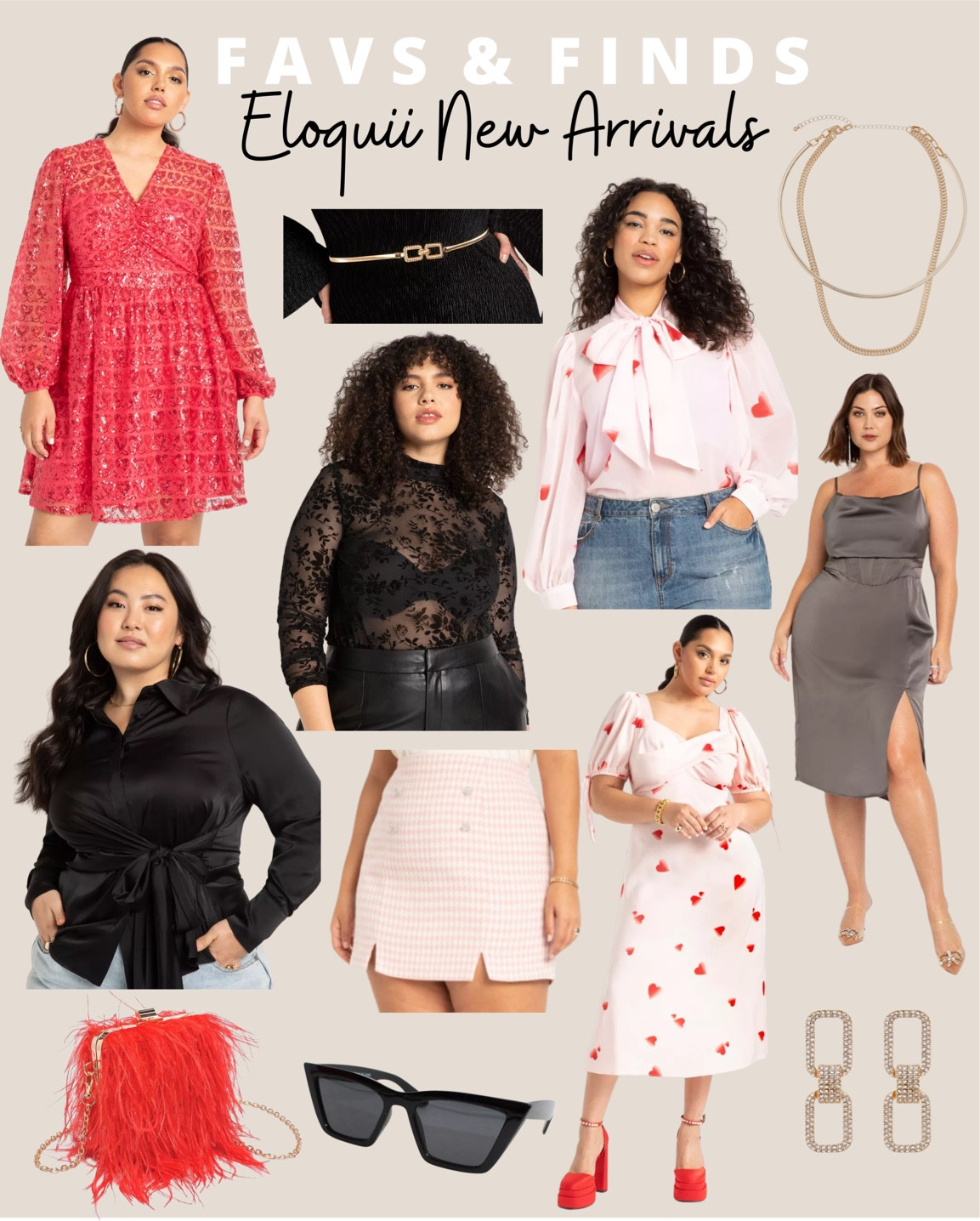 Eloquii New Arrivals: plus size favorites: heart sequin dress, black stretchy thin belt, heart tie blouse, gold layered necklaces, grey silk midi cocktail dress with slit, square drop earrings, heart midi dress, pink tweed mini skirt, black lace long sleeve blouse, black satin wrap blouse, black cat eye angular sunglasses, red fuzzy statement purse.
Galentine’s day / date night outfit ideas

#LTKcurves #LTKstyletip #LTKSeasonal