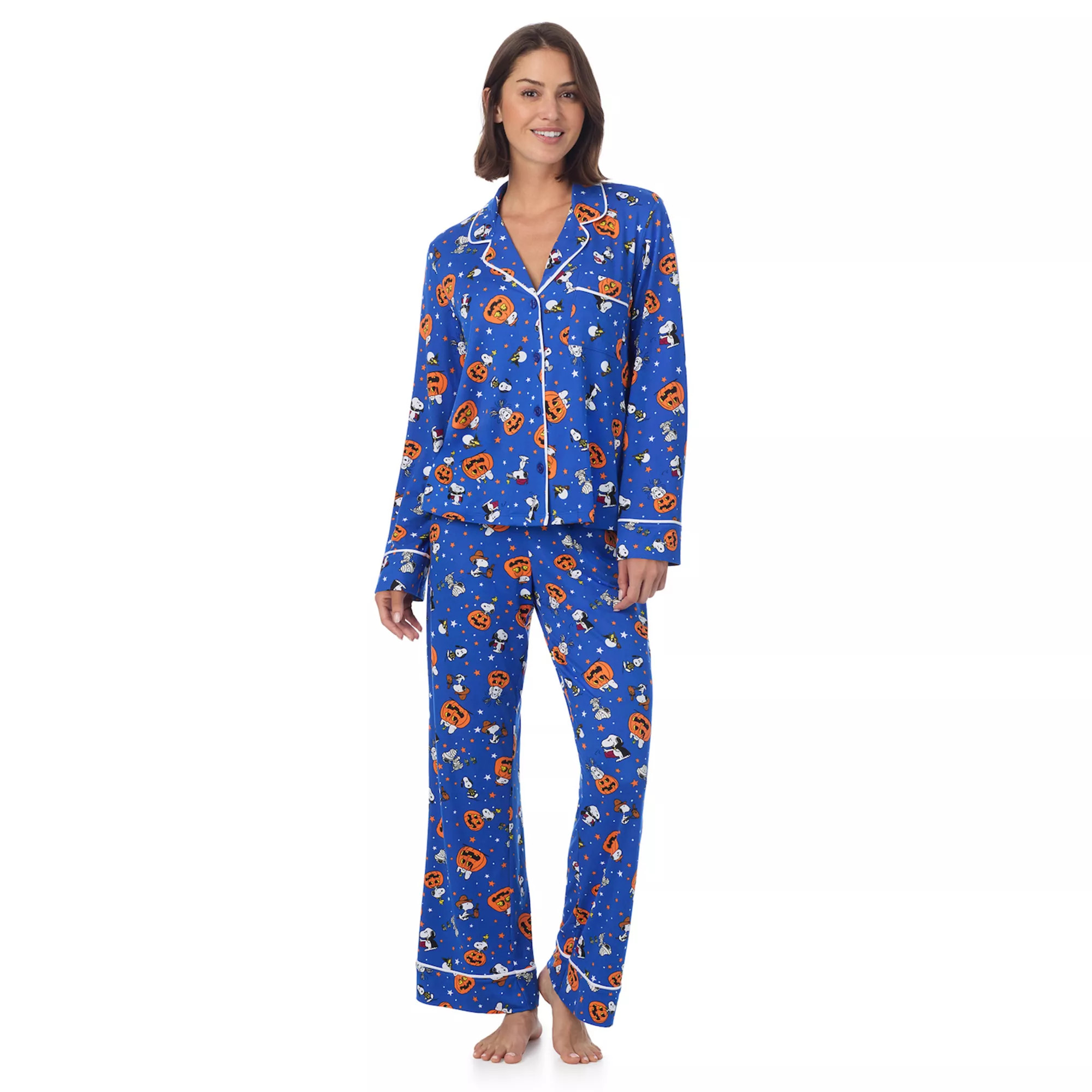 Women's Beauty Sleep Social Peanuts Halloween Notchneck Long Sleeve Pajama Top & Pajama Pants Set | Kohl's