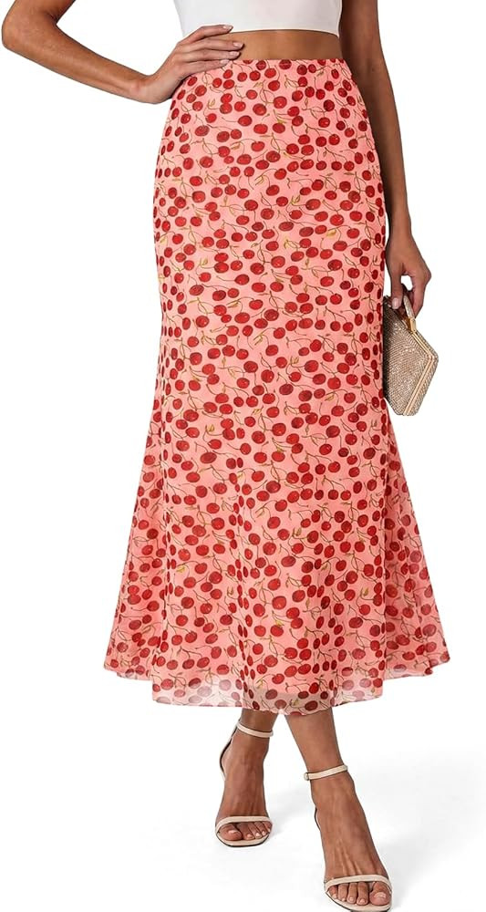 Wenrine Womens Polka Dot Maxi Skirt Summer Mesh Elastic High Waisted A Line Flowy Fishtail Elegan... | Amazon (US)