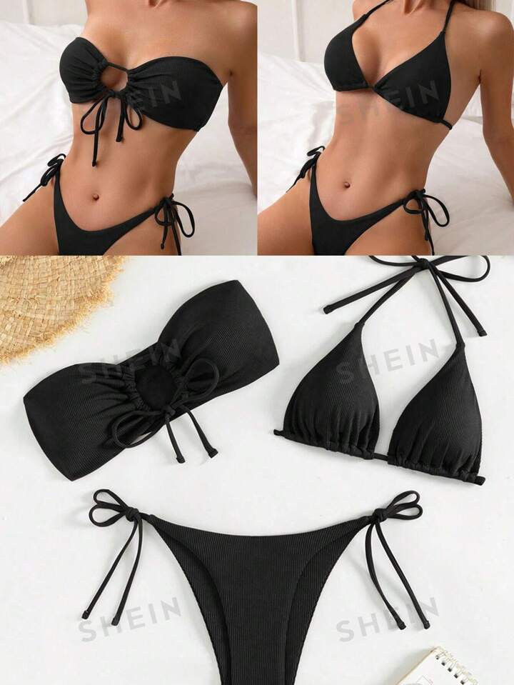 3pcs/Set Strapless Drawstring Top, Halter Neck Triangle Bikini Top, Knotted Side Thong Bottom Bik... | SHEIN