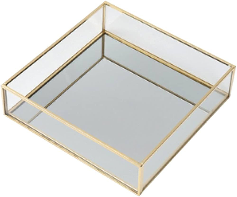 Square Vintage Gold Mirror Glass Vanity Tray,Ornate Geometric and Brass Plated Display Storage Or... | Amazon (US)