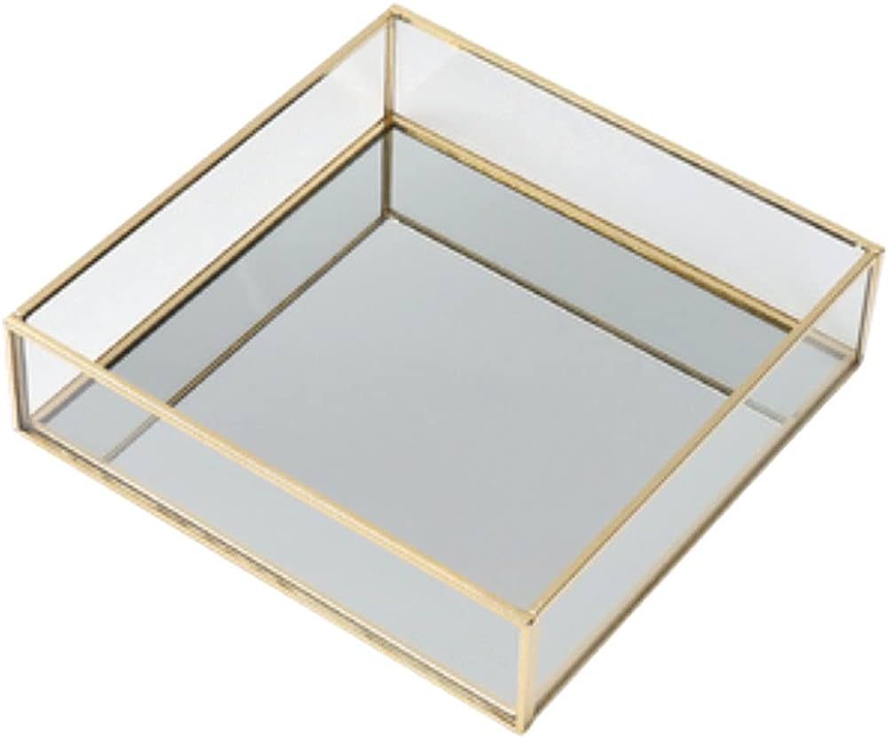 Square Vintage Gold Mirror Glass Vanity Tray,Ornate Geometric and Brass Plated Display Storage Or... | Amazon (US)